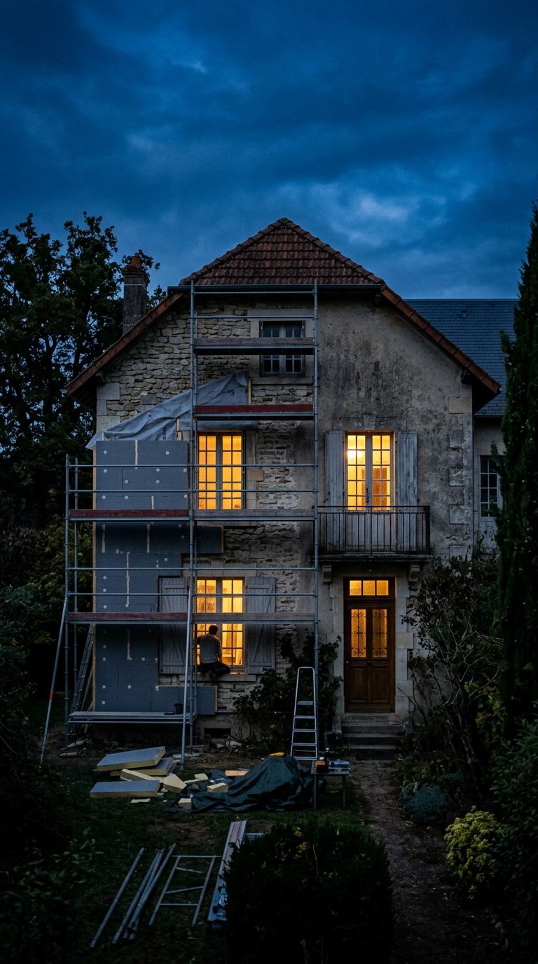 Une maison en cours de rénovation énergétique, isolation et échafaudage, en soirée